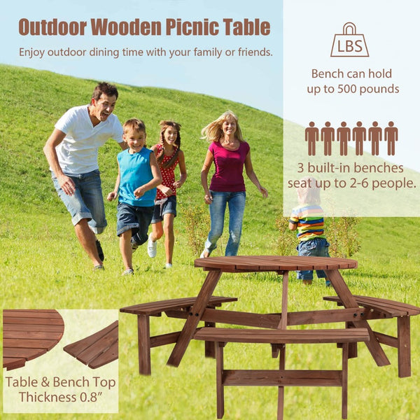 English Elm 6-person Round Fir Wood Outdoor Picnic Table with Three Curved Built-in Benches W142281086