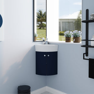 English Elm Corner Wall-Mount Vanity Sink Combo – Space-Saving Ceramic Basin, Soft-Close Door, Durable Plywood Finish W99990112