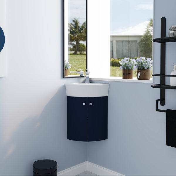 English Elm Corner Wall-Mount Vanity Sink Combo – Space-Saving Ceramic Basin, Soft-Close Door, Durable Plywood Finish W99990112