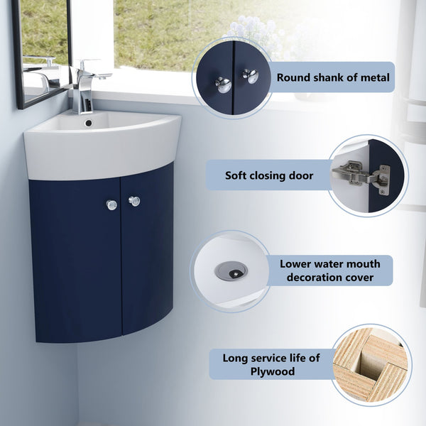 English Elm Corner Wall-Mount Vanity Sink Combo – Space-Saving Ceramic Basin, Soft-Close Door, Durable Plywood Finish W99990112