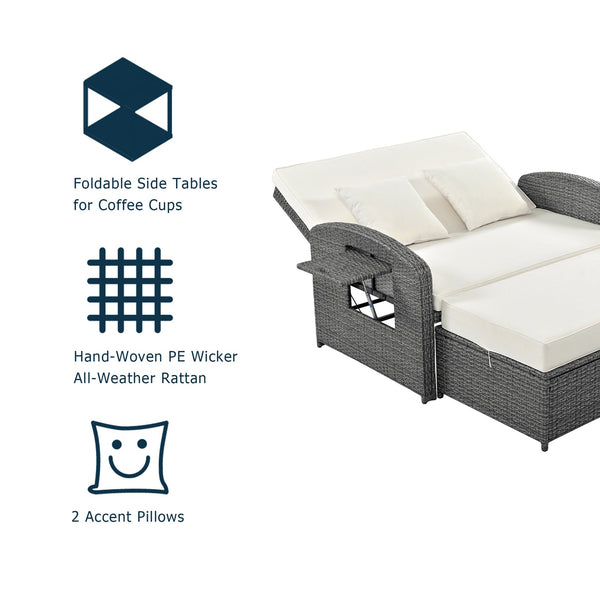 English Elm TOPMAX PE Wicker Rattan Double Chaise Lounge with 3-Position Recline, Waterproof Cover, 700lbs Capacity White SP100041AAA