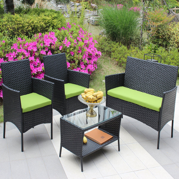 English Elm 4 Pc Rattan Patio Furniture Set – Stylish Outdoor Sofa With Cushions & Glass Table For Relaxation W20985038