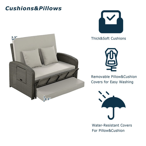 English Elm TOPMAX PE Wicker Rattan Double Chaise Lounge with 3-Position Recline, Waterproof Cover, 700lbs Capacity Gray SP100041AAE