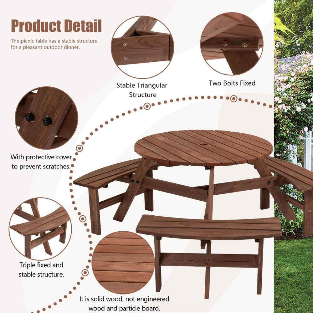 English Elm 6-person Round Fir Wood Outdoor Picnic Table with Three Curved Built-in Benches W142281086