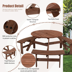 English Elm 6-person Round Fir Wood Outdoor Picnic Table with Three Curved Built-in Benches W142281086