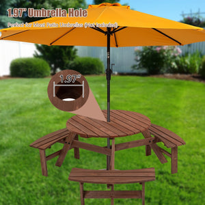 English Elm 6-person Round Fir Wood Outdoor Picnic Table with Three Curved Built-in Benches W142281086