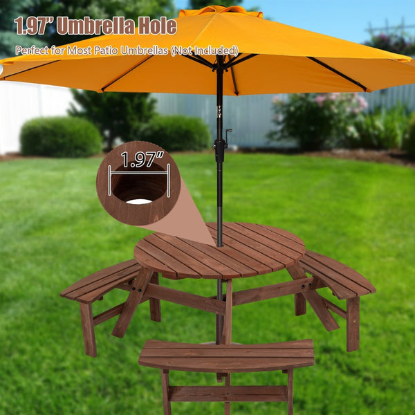English Elm 6-person Round Fir Wood Outdoor Picnic Table with Three Curved Built-in Benches W142281086