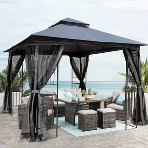 English Elm 10x10 Outdoor Gazebo with Vented Dual Roof Mesh Screens Steel Frame Patio Shelter W41940785