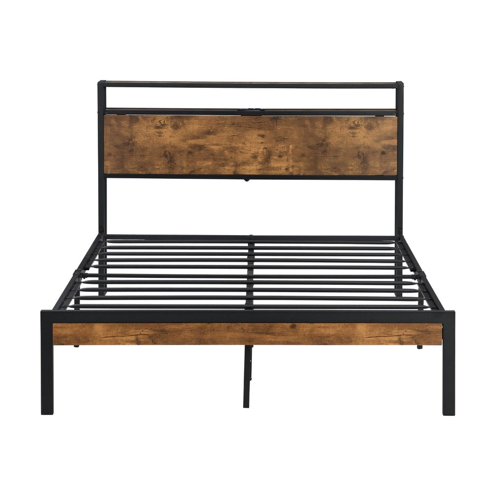 English Elm Full Size Platform Bed Wood Panel Headboard Metal Frame Usb Charging Under Storage W31183489
