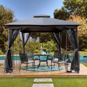 English Elm 10x10 Outdoor Gazebo with Vented Dual Roof Mesh Screens Steel Frame Patio Shelter W41940785