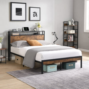 English Elm King Steel Platform Bed Wood Headboard Built-in Usb Outlet Under Storage Modern Frame W311119789