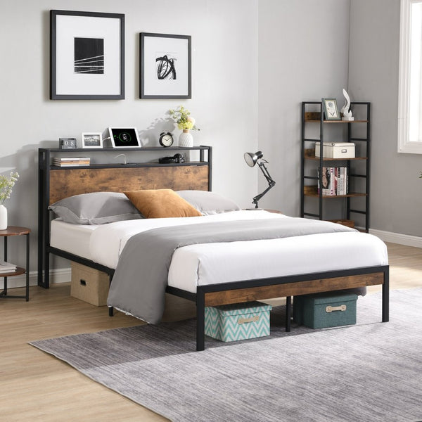 English Elm King Steel Platform Bed Wood Headboard Built-in Usb Outlet Under Storage Modern Frame W311119789