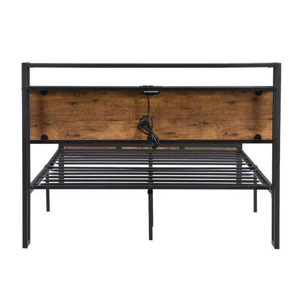 English Elm King Steel Platform Bed Wood Headboard Built-in Usb Outlet Under Storage Modern Frame W311119789
