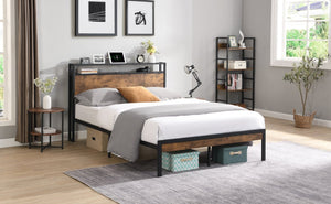 English Elm King Steel Platform Bed Wood Headboard Built-in Usb Outlet Under Storage Modern Frame W311119789