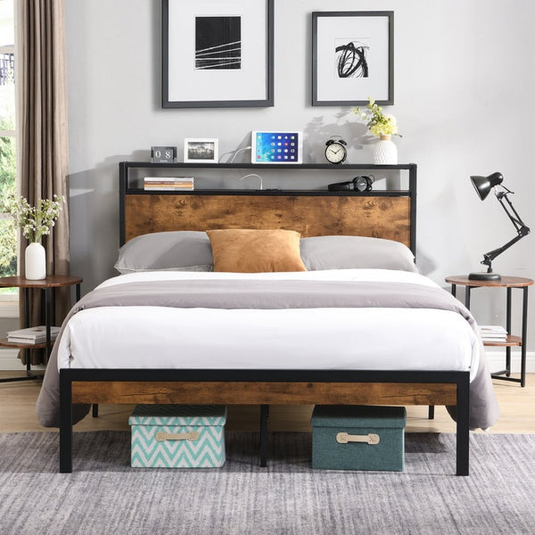 English Elm King Steel Platform Bed Wood Headboard Built-in Usb Outlet Under Storage Modern Frame W311119789