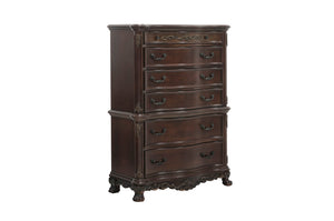 English Elm Cherry Finish Six Drawer Chest with Carved Shell Motifs and Burl Veneer Traditional Bedroom B011104403
