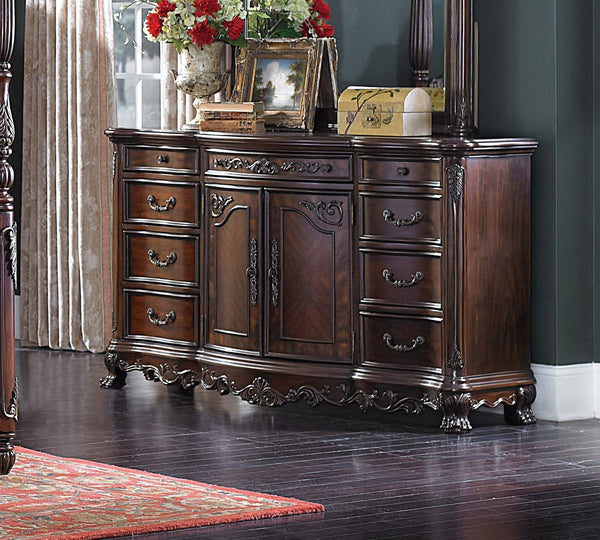 English Elm Cherry Veneer Nine Drawer Formal Dresser with Burl Inlay and Gold Tipped Carved Detail B011104402