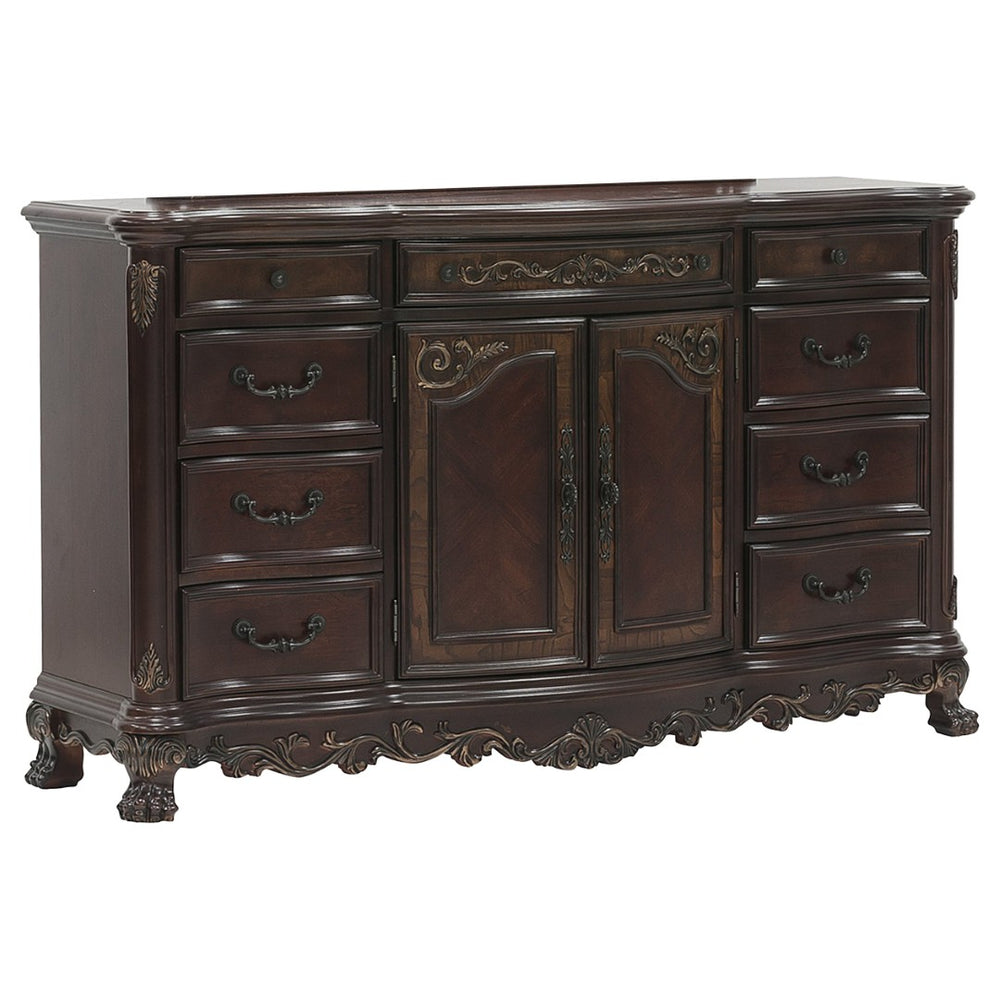 English Elm Cherry Veneer Nine Drawer Formal Dresser with Burl Inlay and Gold Tipped Carved Detail B011104402
