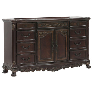 English Elm Cherry Veneer Nine Drawer Formal Dresser with Burl Inlay and Gold Tipped Carved Detail B011104402