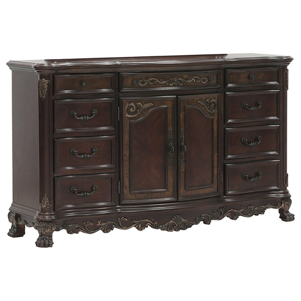 English Elm Cherry Veneer Nine Drawer Formal Dresser with Burl Inlay and Gold Tipped Carved Detail B011104402