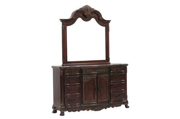 English Elm Cherry Veneer Nine Drawer Formal Dresser with Burl Inlay and Gold Tipped Carved Detail B011104402