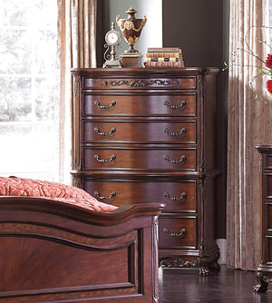 English Elm Cherry Finish Six Drawer Chest with Carved Shell Motifs and Burl Veneer Traditional Bedroom B011104403