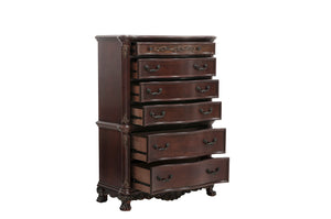 English Elm Cherry Finish Six Drawer Chest with Carved Shell Motifs and Burl Veneer Traditional Bedroom B011104403