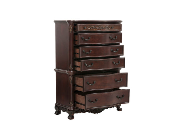 English Elm Cherry Finish Six Drawer Chest with Carved Shell Motifs and Burl Veneer Traditional Bedroom B011104403
