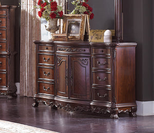 English Elm Cherry Veneer Nine Drawer Formal Dresser with Burl Inlay and Gold Tipped Carved Detail B011104402