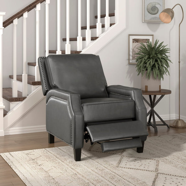 English Elm Push Back Reclining Chair Gray Faux Leather with Nailhead Trim Transitional Push-Back Comfort Recliner B011104413