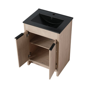 English Elm 24 Inch Freestanding Bathroom Vanity with Black Ceramic Sink, Soft-Close Doors, Plywood Base, Durable Finish (Modern) W999S00078