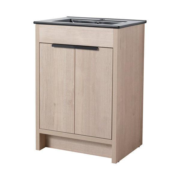 English Elm 24 Inch Freestanding Bathroom Vanity with Black Ceramic Sink, Soft-Close Doors, Plywood Base, Durable Finish (Modern) W999S00078