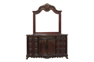 English Elm Cherry Veneer Nine Drawer Formal Dresser with Burl Inlay and Gold Tipped Carved Detail B011104402