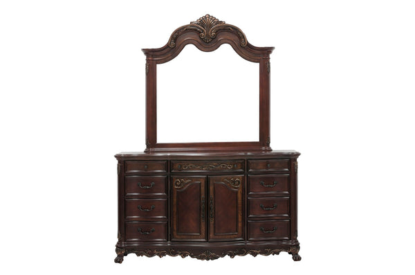 English Elm Cherry Veneer Nine Drawer Formal Dresser with Burl Inlay and Gold Tipped Carved Detail B011104402