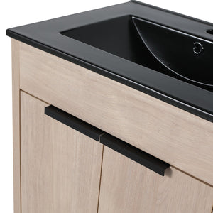 English Elm 24 Inch Freestanding Bathroom Vanity with Black Ceramic Sink, Soft-Close Doors, Plywood Base, Durable Finish (Modern) W999S00078