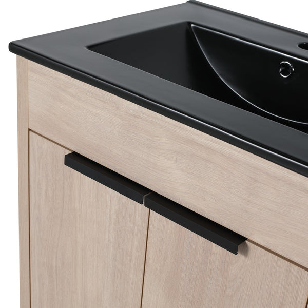 English Elm 24 Inch Freestanding Bathroom Vanity with Black Ceramic Sink, Soft-Close Doors, Plywood Base, Durable Finish (Modern) W999S00078