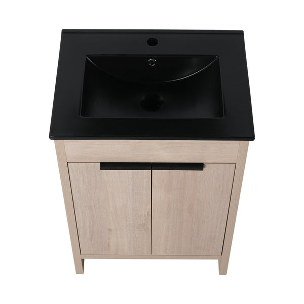 English Elm 24 Inch Freestanding Bathroom Vanity with Black Ceramic Sink, Soft-Close Doors, Plywood Base, Durable Finish (Modern) W999S00078