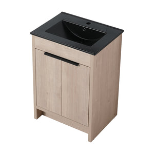 English Elm 24 Inch Freestanding Bathroom Vanity with Black Ceramic Sink, Soft-Close Doors, Plywood Base, Durable Finish (Modern) W999S00078