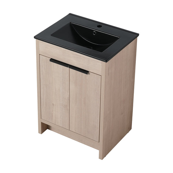 English Elm 24 Inch Freestanding Bathroom Vanity with Black Ceramic Sink, Soft-Close Doors, Plywood Base, Durable Finish (Modern) W999S00078