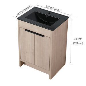 English Elm 24 Inch Freestanding Bathroom Vanity with Black Ceramic Sink, Soft-Close Doors, Plywood Base, Durable Finish (Modern) W999S00078