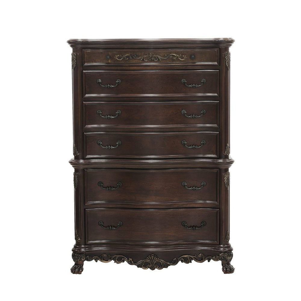 English Elm Cherry Finish Six Drawer Chest with Carved Shell Motifs and Burl Veneer Traditional Bedroom B011104403