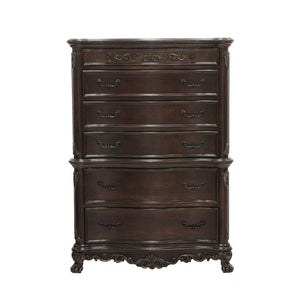 English Elm Cherry Finish Six Drawer Chest with Carved Shell Motifs and Burl Veneer Traditional Bedroom B011104403