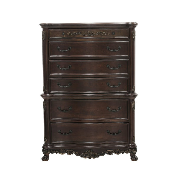 English Elm Cherry Finish Six Drawer Chest with Carved Shell Motifs and Burl Veneer Traditional Bedroom B011104403