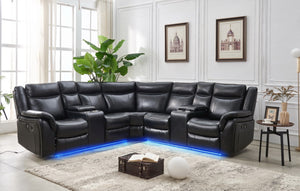 English Elm Le145 Manual Reclining Sectional with Led Underlighting and Usb Charging Faux Leather Black W1805S00002