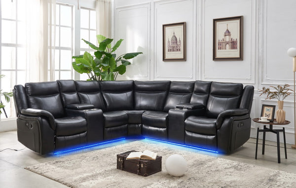 English Elm Le145 Manual Reclining Sectional with Led Underlighting and Usb Charging Faux Leather Black W1805S00002