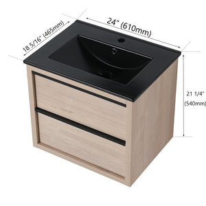 English Elm 24" Modern Bathroom Vanity With Black Ceramic Sink & 2 Soft-Close Drawers For Stylish Storage W999S00079
