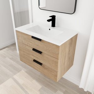 English Elm 30 Inch Bathroom Vanity With Resin Sink - Wall-Mounted, Soft-Closing Drawers, Modern Oak Finish W999S00080