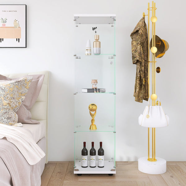 English Elm Glass Display Cabinet 4-Shelf Floor Curio with Tempered Glass Door, Sturdy Large Capacity Showcase White W1806P197873