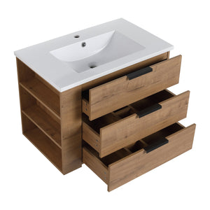 English Elm 30 Inch Bathroom Vanity With Resin Sink - Wall-Mounted, Soft-Closing Drawers, Modern Oak Finish W999S00080