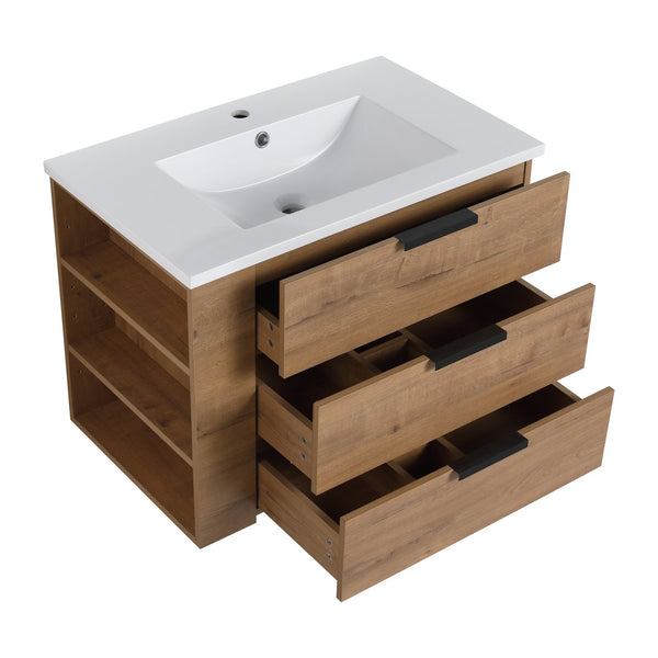 English Elm 30 Inch Bathroom Vanity With Resin Sink - Wall-Mounted, Soft-Closing Drawers, Modern Oak Finish W999S00080